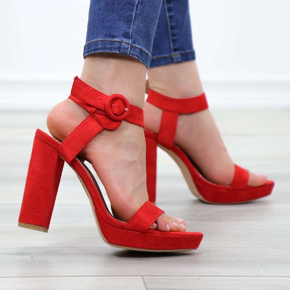 Faux Suede Red Platform Open Pointy Toe High Heels - image 6